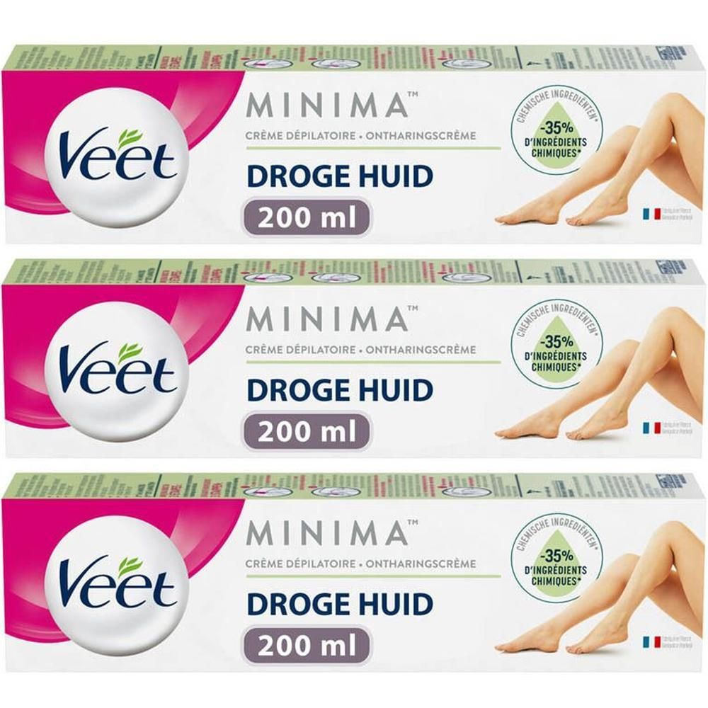Trois boîtes de crème dépilatoire Veet. Inscription: Minima, 200 ml, pour peaux sèches. Illustration: jambe avec peau lisse.