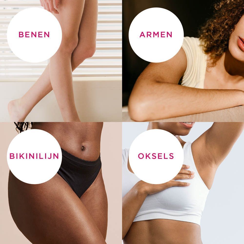 Vier lichaamsdelen: Benen, armen, bikinilijn, oksels. Verschillende huidtypes.