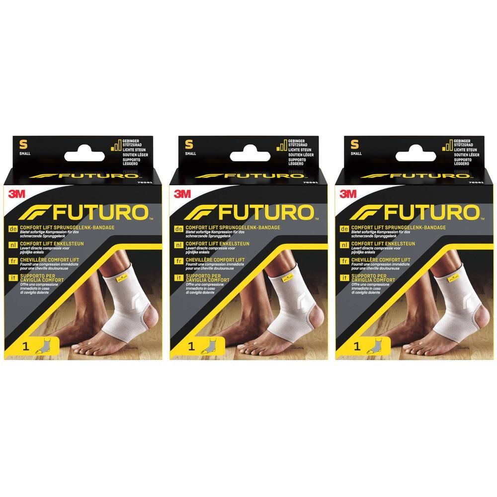 Drie verpakkingen van FUTURO™ Chevillère Comfort Lift. Zwarte en gele verpakking met productafbeelding en maatindicatie.