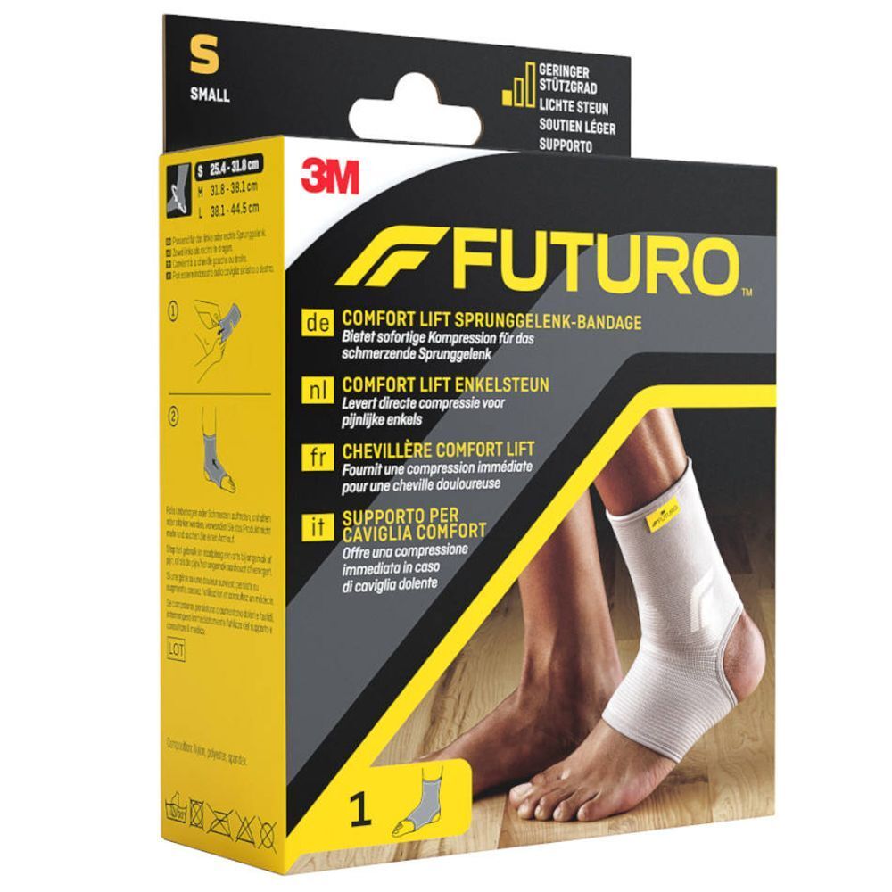 FUTURO™ Chevillère Comfort Lift in verpakking. Zwarte en gele verpakking met productafbeelding en maatindicatie.