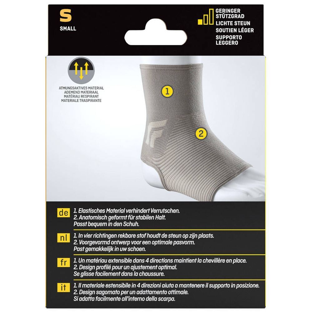 Dos de la chevillère FUTURO™ Comfort Lift. Chevillère beige avec caractéristiques du produit et indications de taille.
