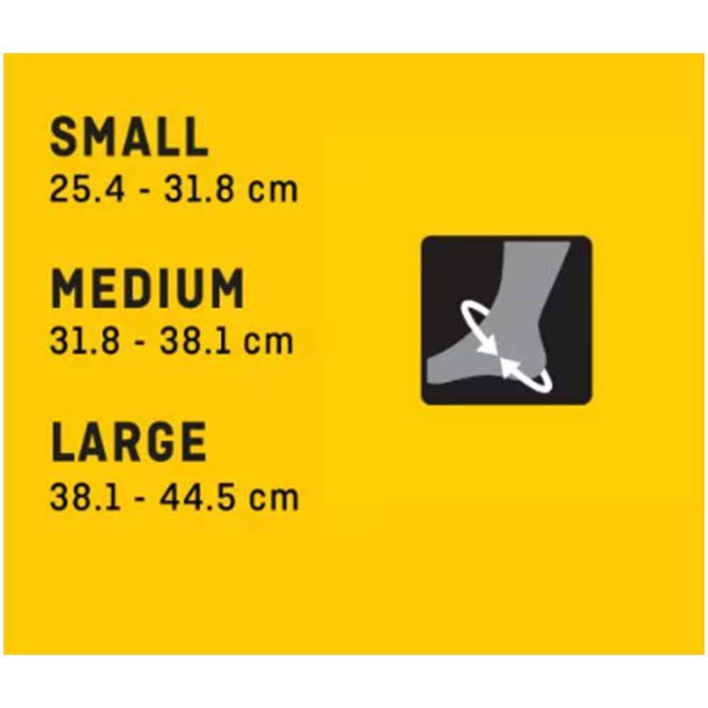 Maatinformatie voor FUTURO™ Chevillère Comfort Lift. Maten: Small, Medium, Large. Gele achtergrond met maatindicaties.