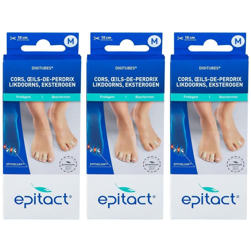 Drie productverpakkingen. Opschrift: Digitubes, Cors, Oeils-de-perdrix, Likdoorns, Eksterogen. Merk: Epitact. Maat M. 10 cm.
