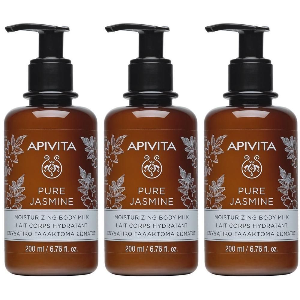 Drie flessen Apivita Pure Jasmine Lait Corps Hydratant. Bruine flessen met zwarte pomp en wit etiket.