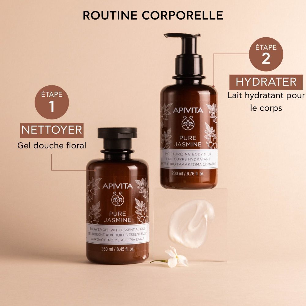 Apivita Pure Jasmine Lait Corps Hydratant et gel douche. Texte: Routine corporelle. Étapes 1 et 2.