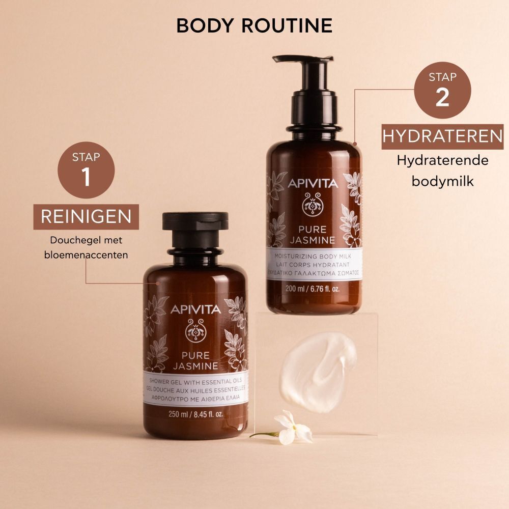 Apivita Pure Jasmine Lait Corps Hydratant en douchegel. Tekst: Body Routine. Stappen 1 en 2.