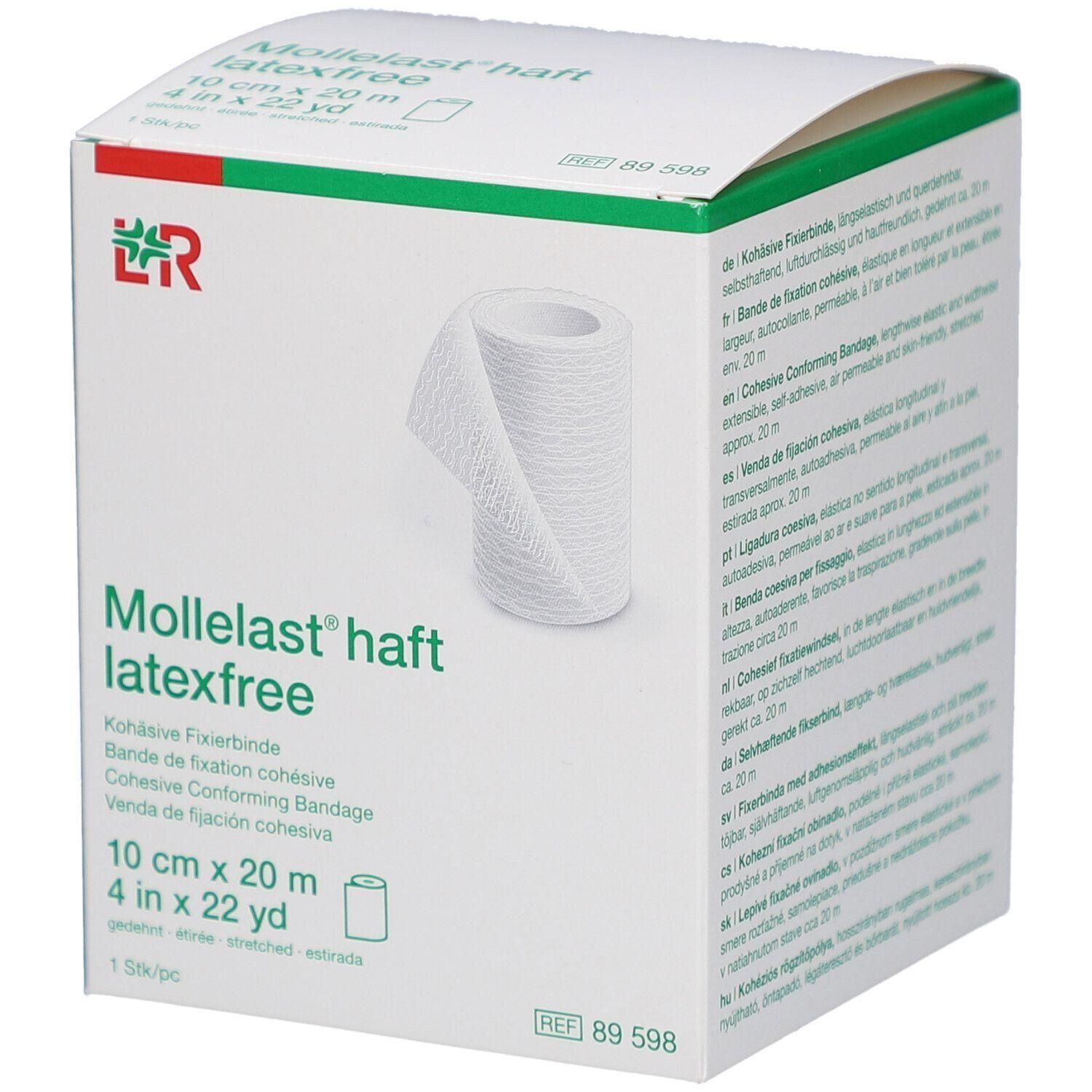 Boîte blanche avec bande adhésive Mollelast haft latexfree. Dimensions : 10 cm x 20 m. Logo ER.