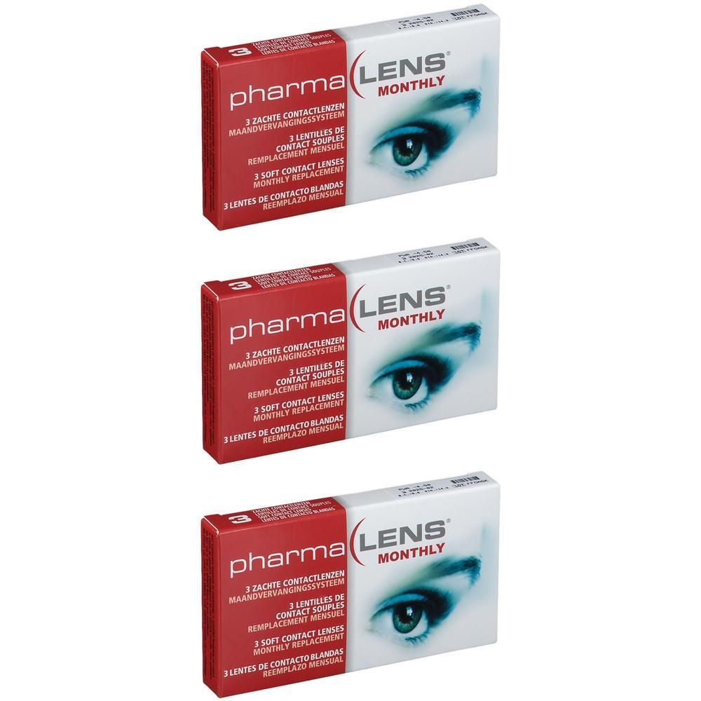 Trois boîtes de lentilles de contact. Boîtes rouges et blanches avec l'inscription "pharma LENS monthly". Chaque boîte présente un œil.