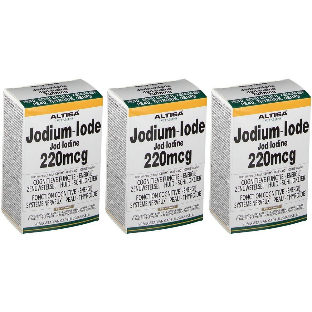 Trois boîtes d'Altisa Jodium-Iode 220mcg. Inscription : Fonction cognitive, énergie, système nerveux, peau, thyroïde.