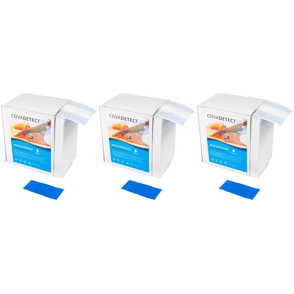 Trois boîtes avec image et texte du produit. Produits bleus rectangulaires devant. Inscription : COVADETECT, WATERPROOF.