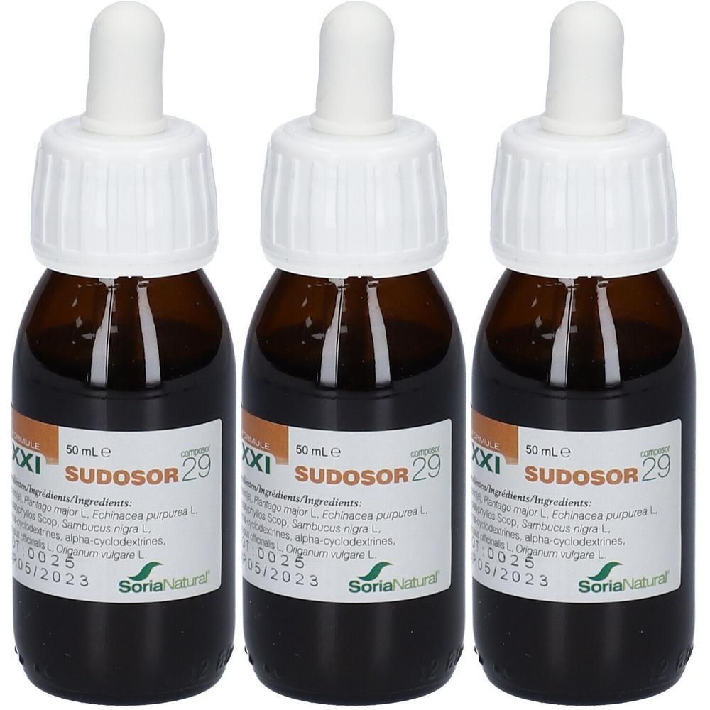 Trois flacons en verre brun avec bouchon blanc et pipette. Inscription : SUDOSOR 29, Soria Natural. 50 ml.