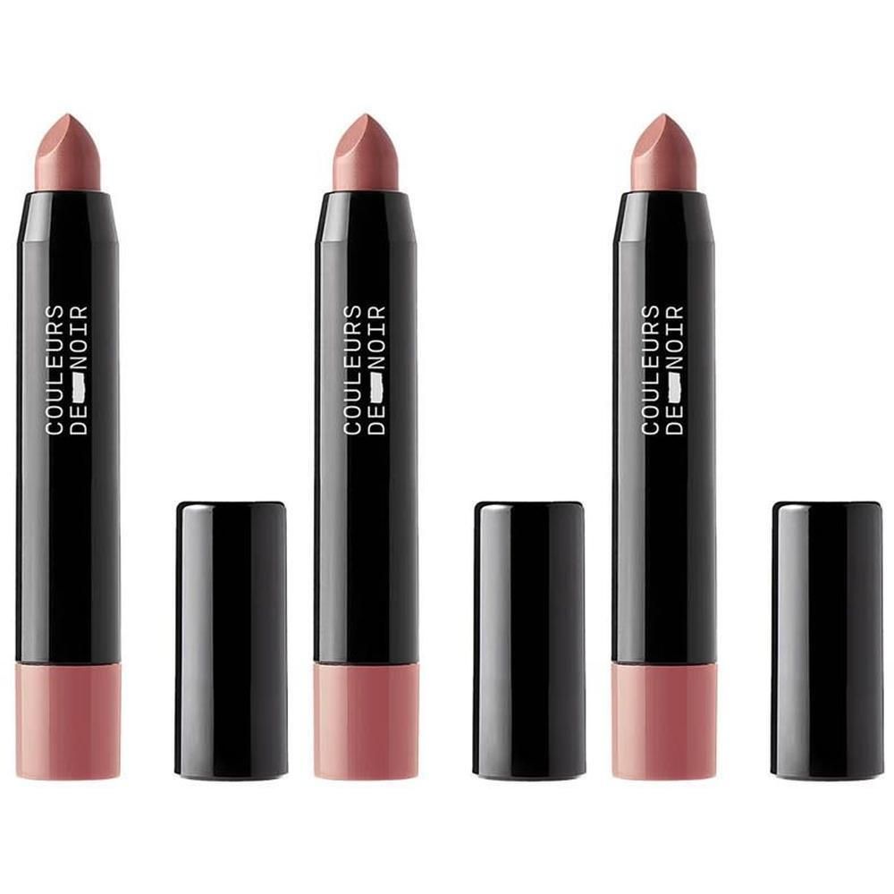 Trois Couleurs de Noir Chubby Lipbalm 02 Flamingo. Étuis noirs, rouge à lèvres rose. Bouchons à côté.