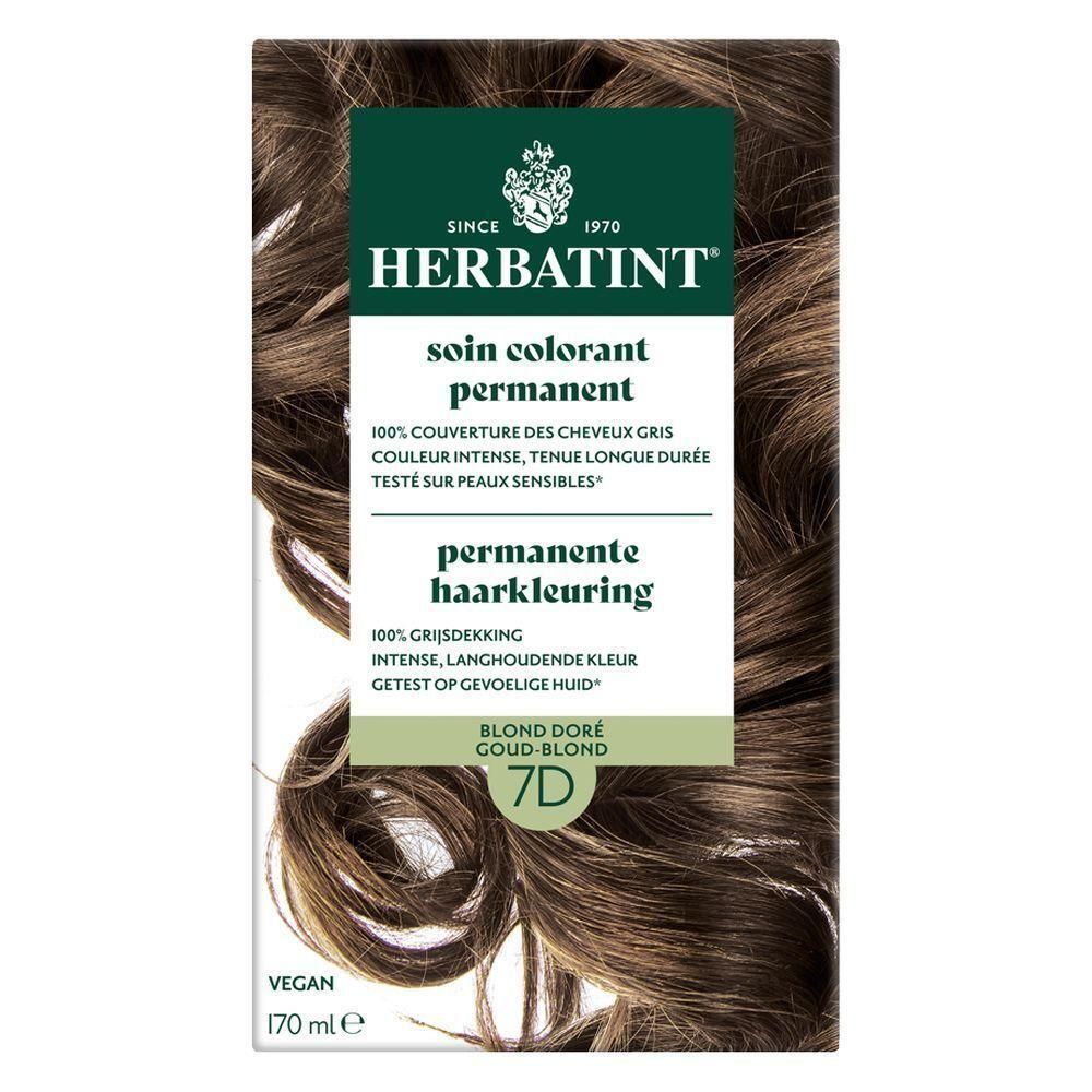 Herbatint 7D Blond doré. Permanente haarkleuring. Verpakking met product en blonde lokken.