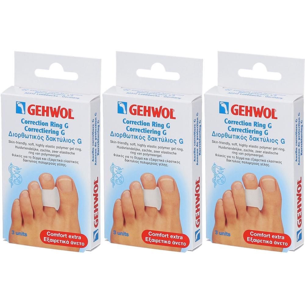 Trois boîtes de Gehwol Correction Ring G. Chaque boîte montre un pied avec un anneau blanc sur l'orteil. Texte en plusieurs langues.