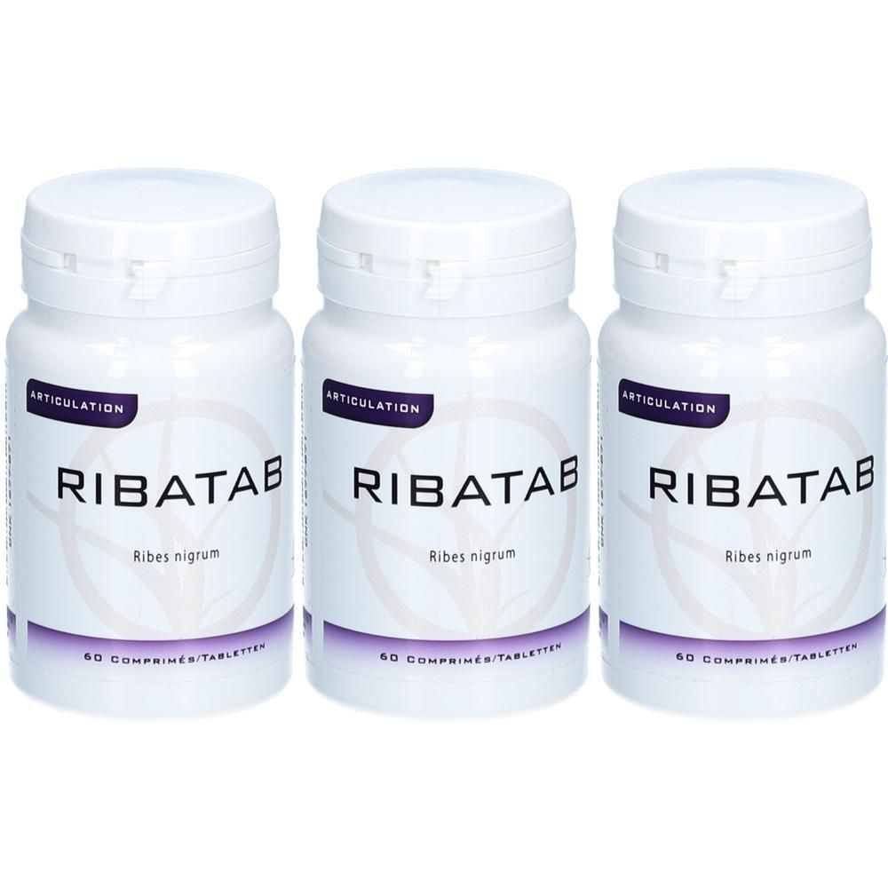 Trois flacons de comprimés blancs avec l'inscription "RIBATAB". Chaque flacon porte la mention "Ribes nigrum" et "60 comprimés/tabletten".