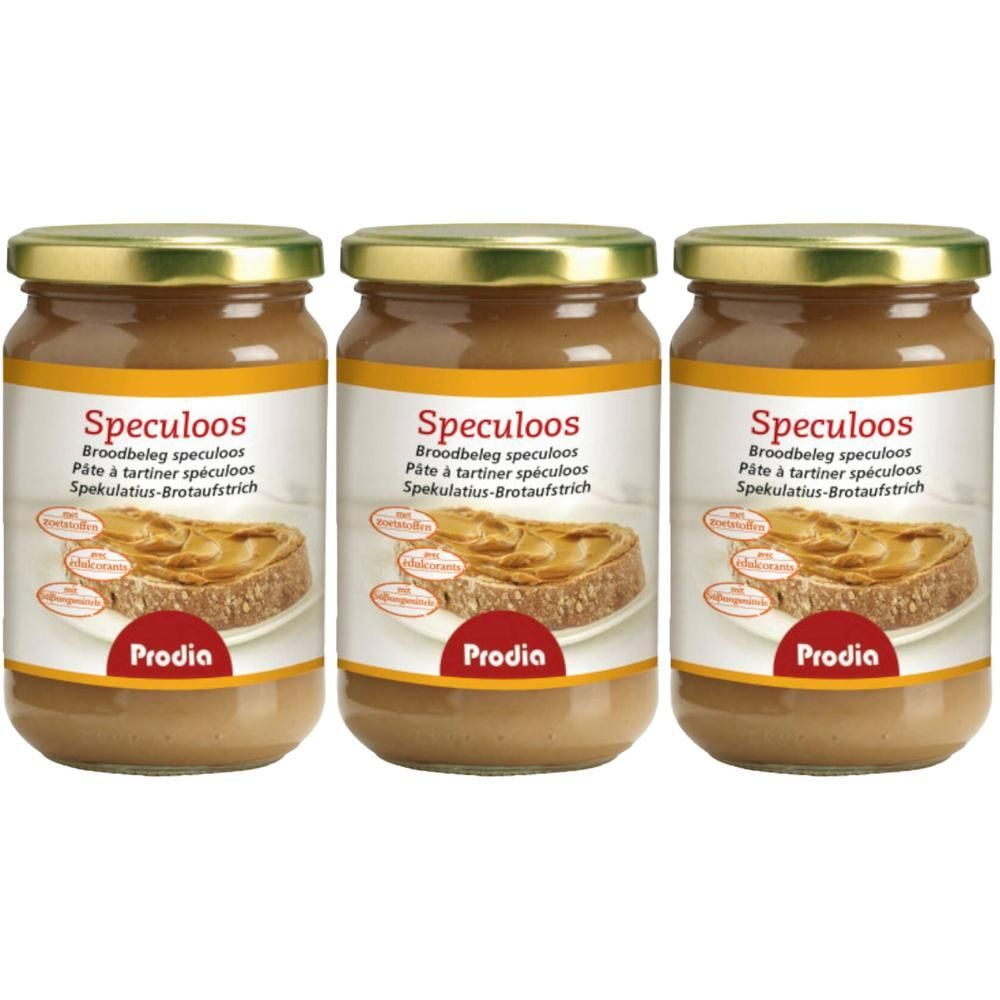 Drie potten Prodia Speculoos broodbeleg. Elke pot heeft een gouden deksel en een etiket met productnaam en afbeelding.