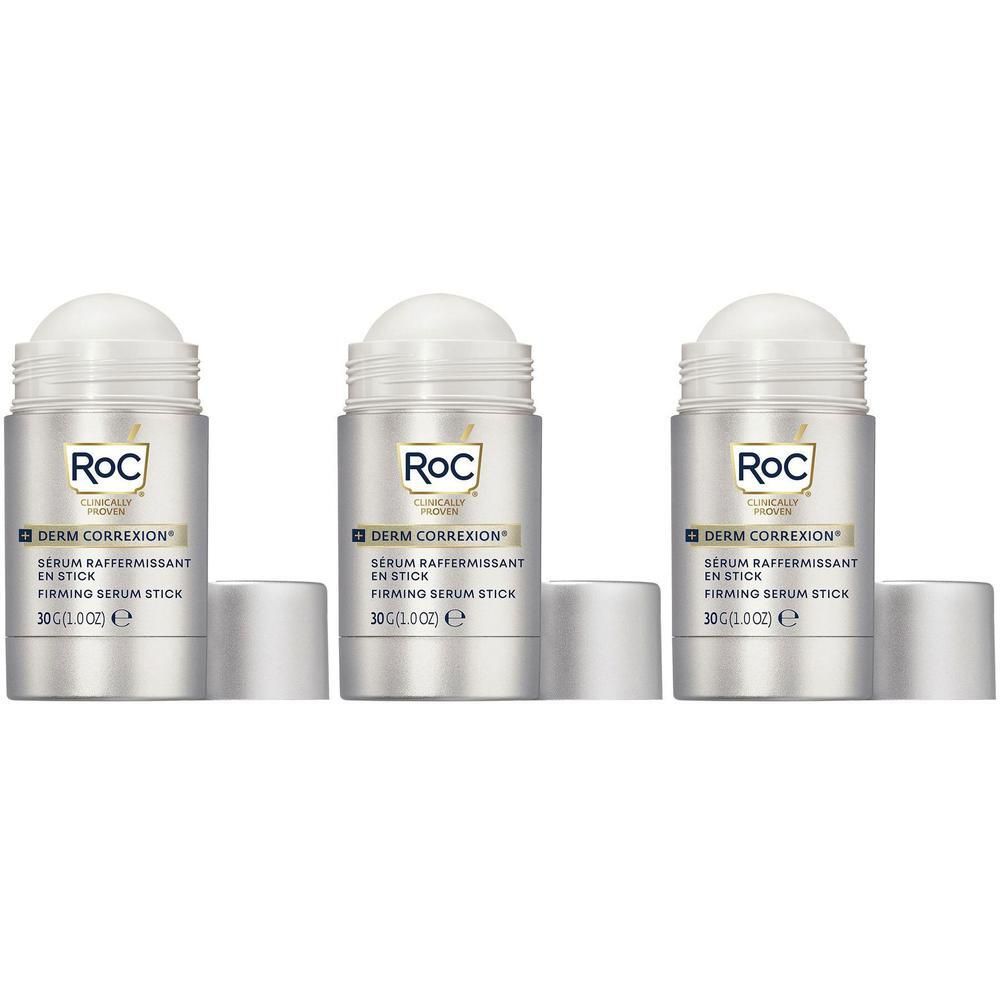 Trois sticks argentés avec applicateur blanc. Inscription: Roc Derm Correxion, Sérum Raffermissant en Stick, Firming Serum Stick.