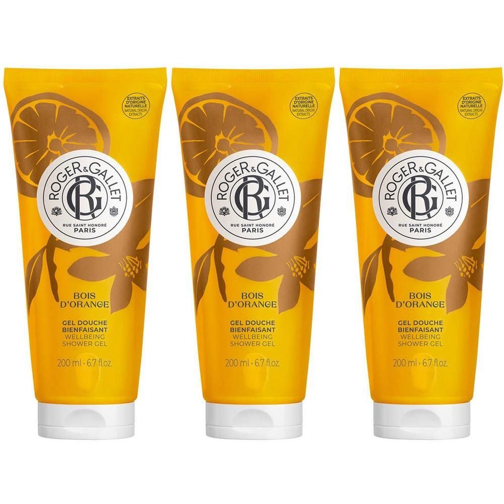 Trois tubes de gel douche. Tubes jaunes avec bouchon blanc. Logo et nom du produit visibles.