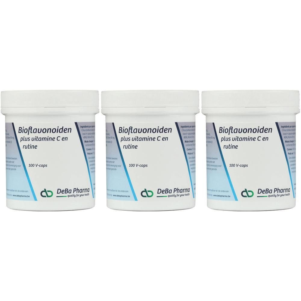 Trois pots blancs avec étiquettes. Inscription : Bioflavonoïdes plus vitamine C en rutine. Marque : Deba Pharma. 100 V-caps.