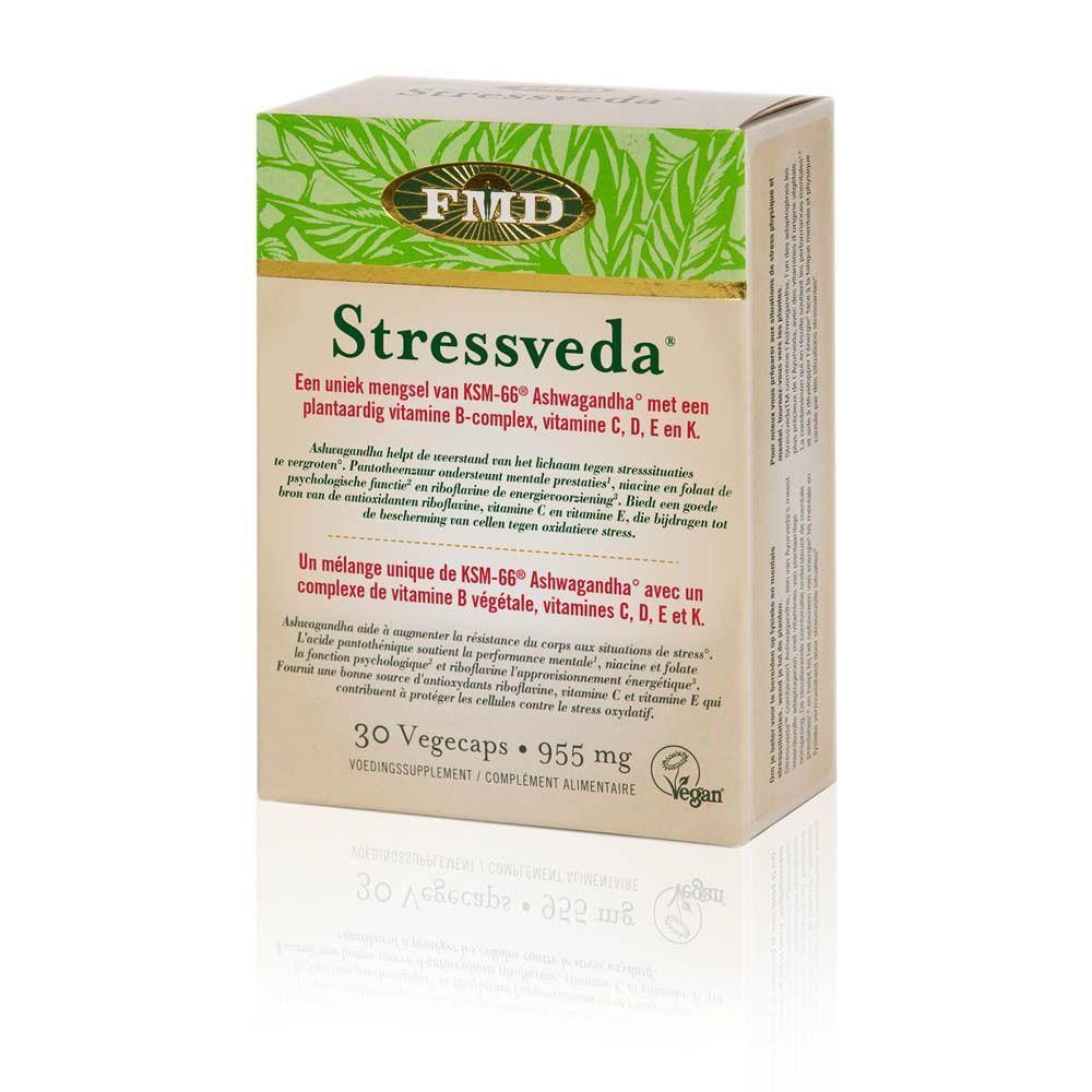 Doosje Stressveda met FMD-logo. Bevat 30 capsules. Vegan keurmerk. Ingrediënten: Ashwagandha, vitaminen.