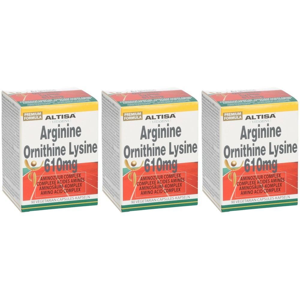 Trois boîtes d'Altisa Arginine Ornithine Lysine 610mg. Inscription : Complexe d'acides aminés. 90 gélules végétales.