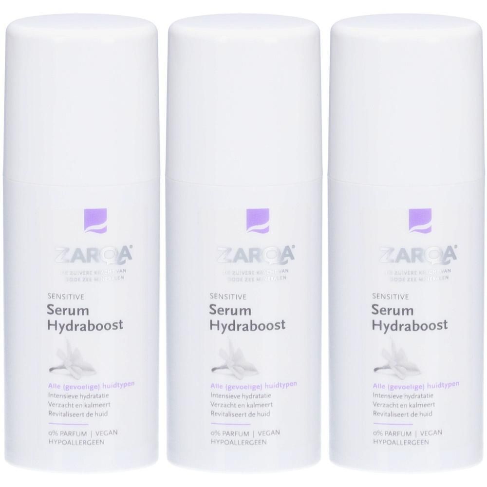 Drie witte flessen met paarse accenten. Op elke fles staat "Zarqa Sensitive Serum Hydraboost".