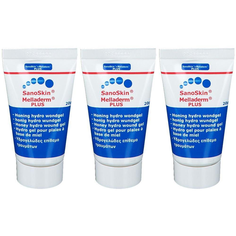 Drie tubes Sanoskin Melladerm Plus gel. Witte tubes met blauwe tekst en blauwe stippen. Opschrift: Honing hydro wondgel.