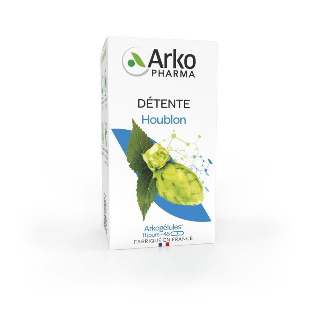 Doosje Arkogélules Houblon. Opschrift Détente Houblon. Illustratie van hop. Geproduceerd in Frankrijk.