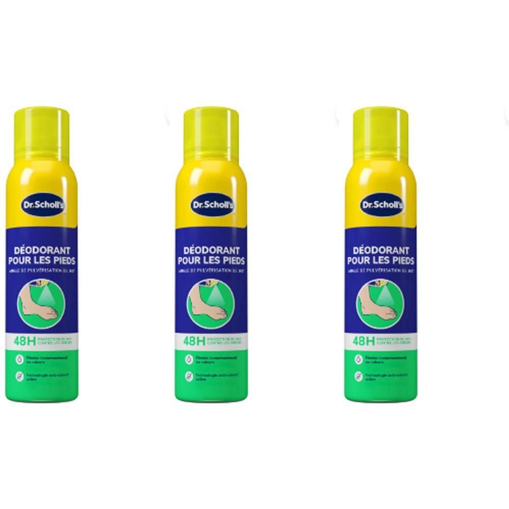 Trois sprays avec bouchon jaune et étiquette bleu et blanc. Inscription: Dr. Scholl's, Déodorant pour les pieds, 48H.