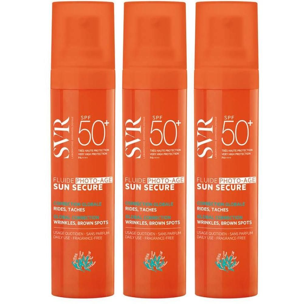 Trois flacons oranges de SVR Sun Secure Fluide Photo-Age SPF50+. Inscription: Fluide Photo-Age, Sun Secure, SPF50+, contre les rides et les taches.