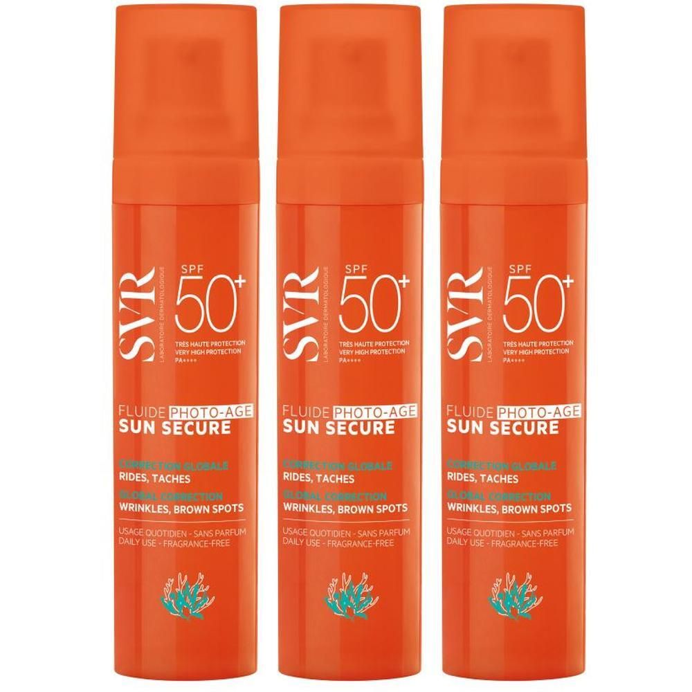 Drie oranje flessen SVR Sun Secure Fluide Photo-Age SPF50+. Opschrift: Fluide Photo-Age, Sun Secure, SPF50+, tegen rimpels en vlekken.