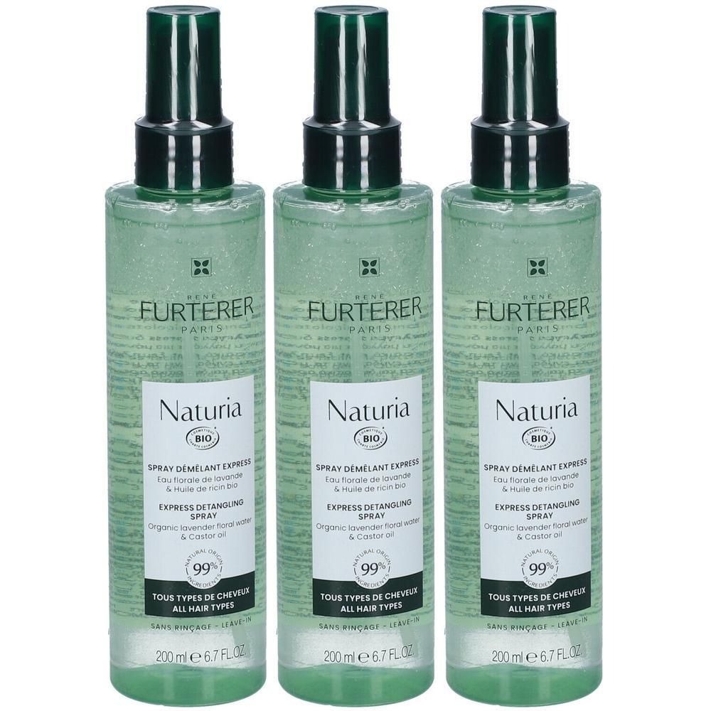 Trois flacons de spray René Furterer Naturia. Flacons verts avec bouchon noir. Inscription Naturia, Spray Démêlant Express, 99%.