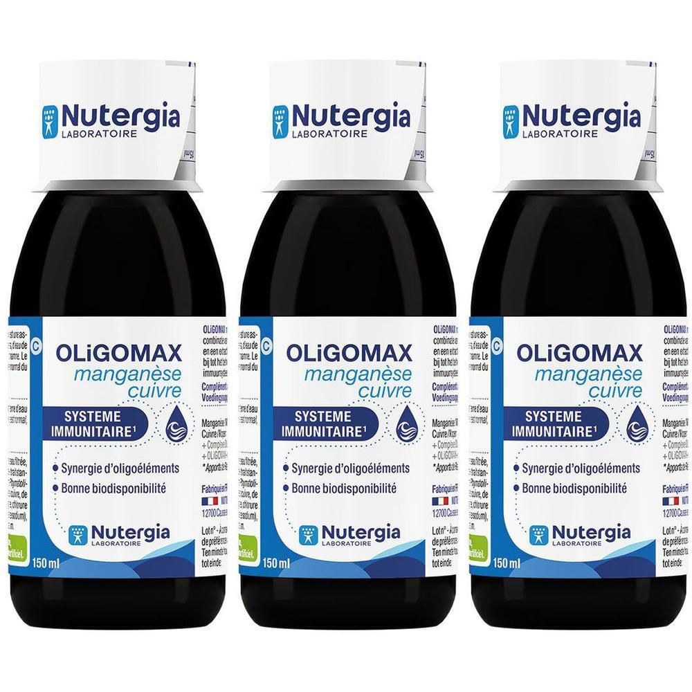 Trois flacons Nutergia Oligomax Manganèse - Cuivre. Liquide noir en bouteilles de verre avec étiquette blanche. Inscriptions en français.