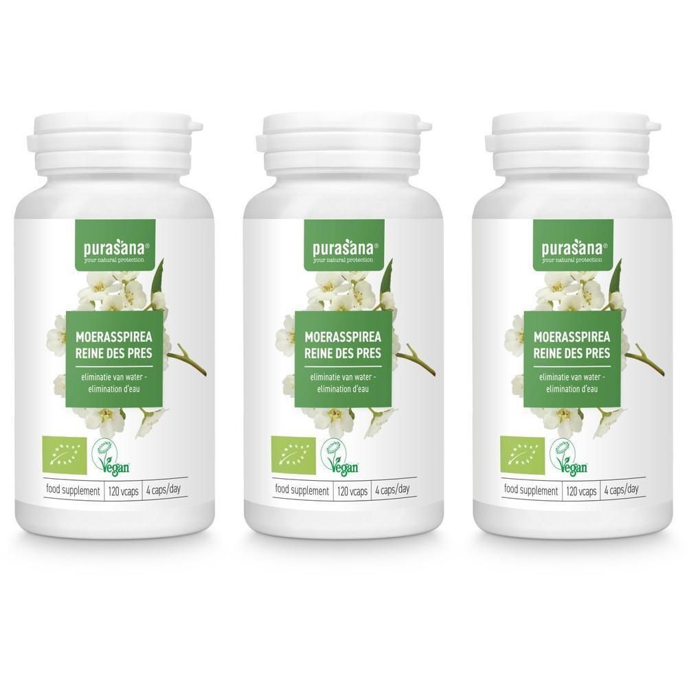 Trois flacons blancs avec étiquettes. Inscription: MOERASSPIREA REINE DES PRES. Label vegan. 120 gélules.