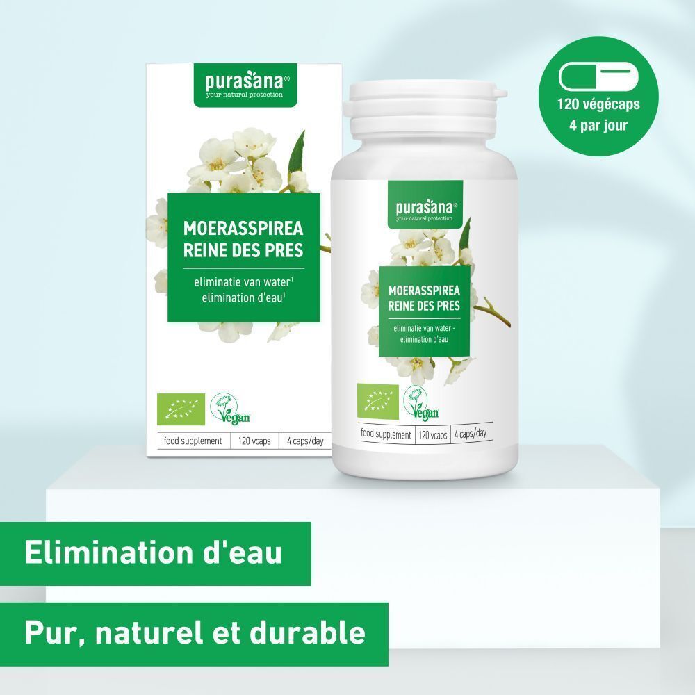 Emballage produit avec flacon. Inscription: MOERASSPIREA REINE DES PRES. Label vegan. 120 gélules. Illustration de capsule verte.