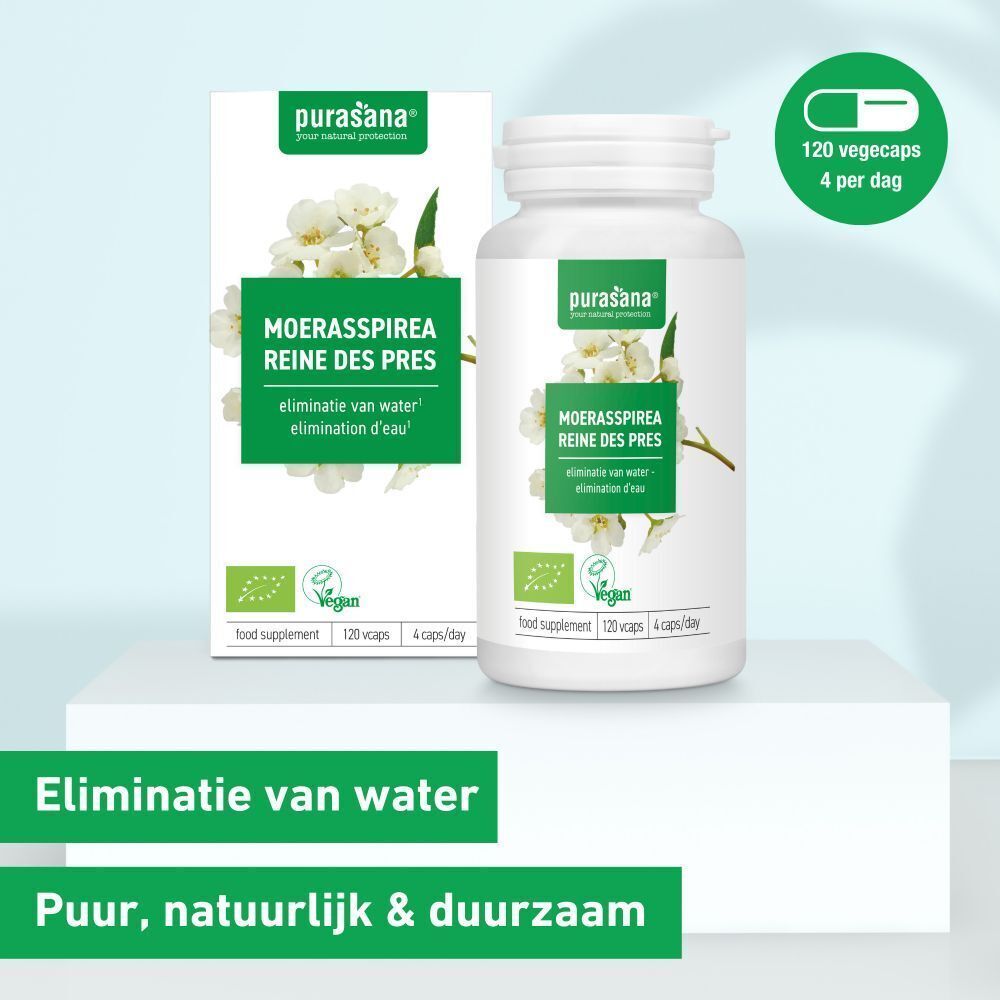 Productverpakking met fles. Opschrift: MOERASSPIREA REINE DES PRES. Vegan-label. 120 capsules. Groene capsule-illustratie.