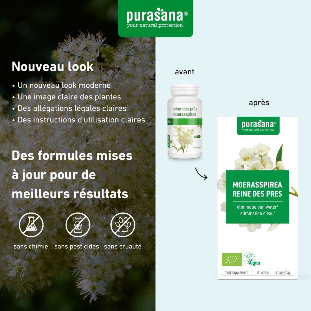 Comparaison avant-après. Flacon et emballage. Inscription: MOERASSPIREA REINE DES PRES. Label vegan. Sans produits chimiques, pesticides, cruauté.
