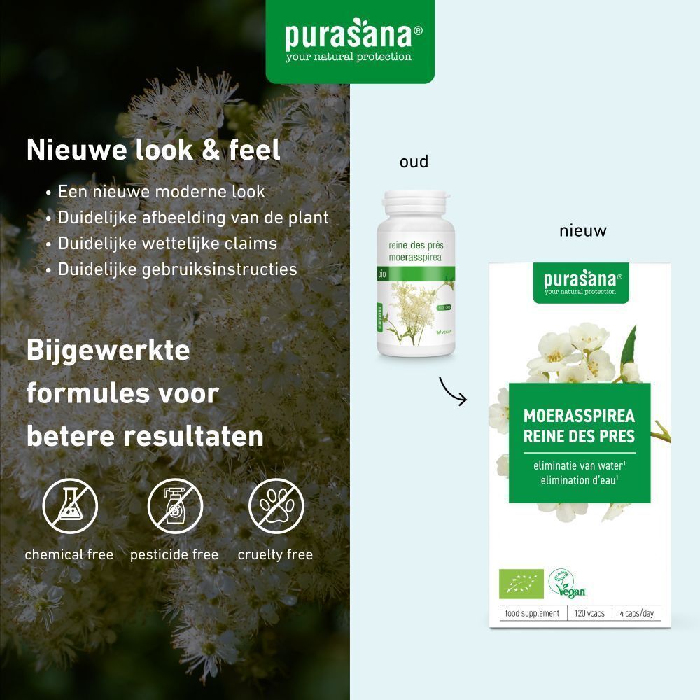 Vergelijking voor-na. Fles en verpakking. Opschrift: MOERASSPIREA REINE DES PRES. Vegan-label. Zonder chemicaliën, pesticiden, dierproeven.