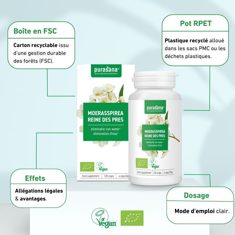 Emballage produit et flacon. Inscription: MOERASSPIREA REINE DES PRES. Label vegan. Carton FSC. Récipient RPET. Dosage.