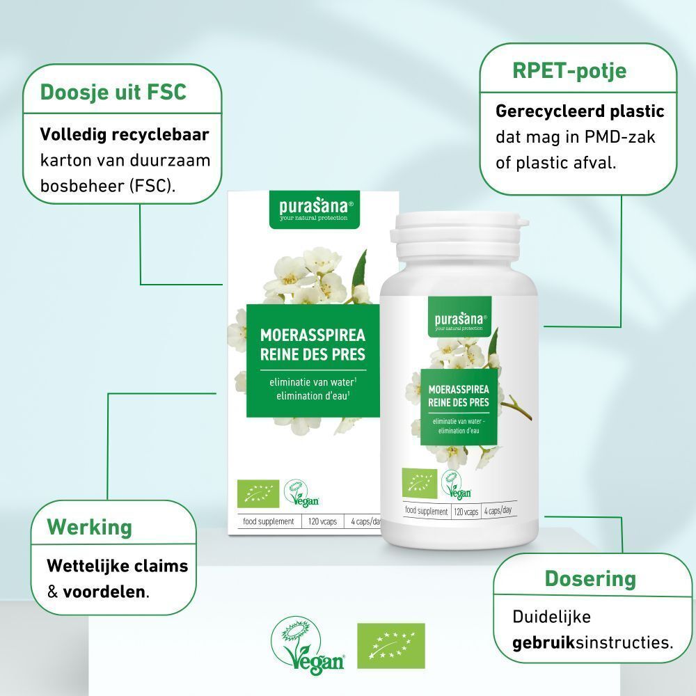Productverpakking en fles. Opschrift: MOERASSPIREA REINE DES PRES. Vegan-label. FSC-karton. RPET-pot. Dosering.