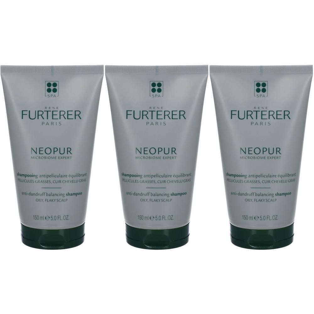 Trois tubes de shampooing. Tubes gris avec texte vert. Inscription: René Furterer, Neopur, shampooing antipelliculaire pour cuir chevelu sec et squameux.