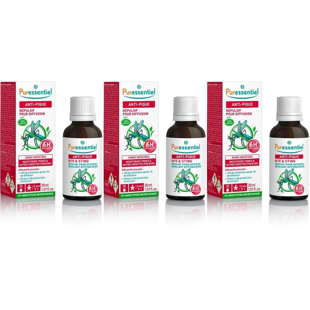 Plusieurs flacons et boîtes Puressentiel Anti-Pique. Flacons bruns avec bouchons blancs, emballages rouges avec graphiques verts.