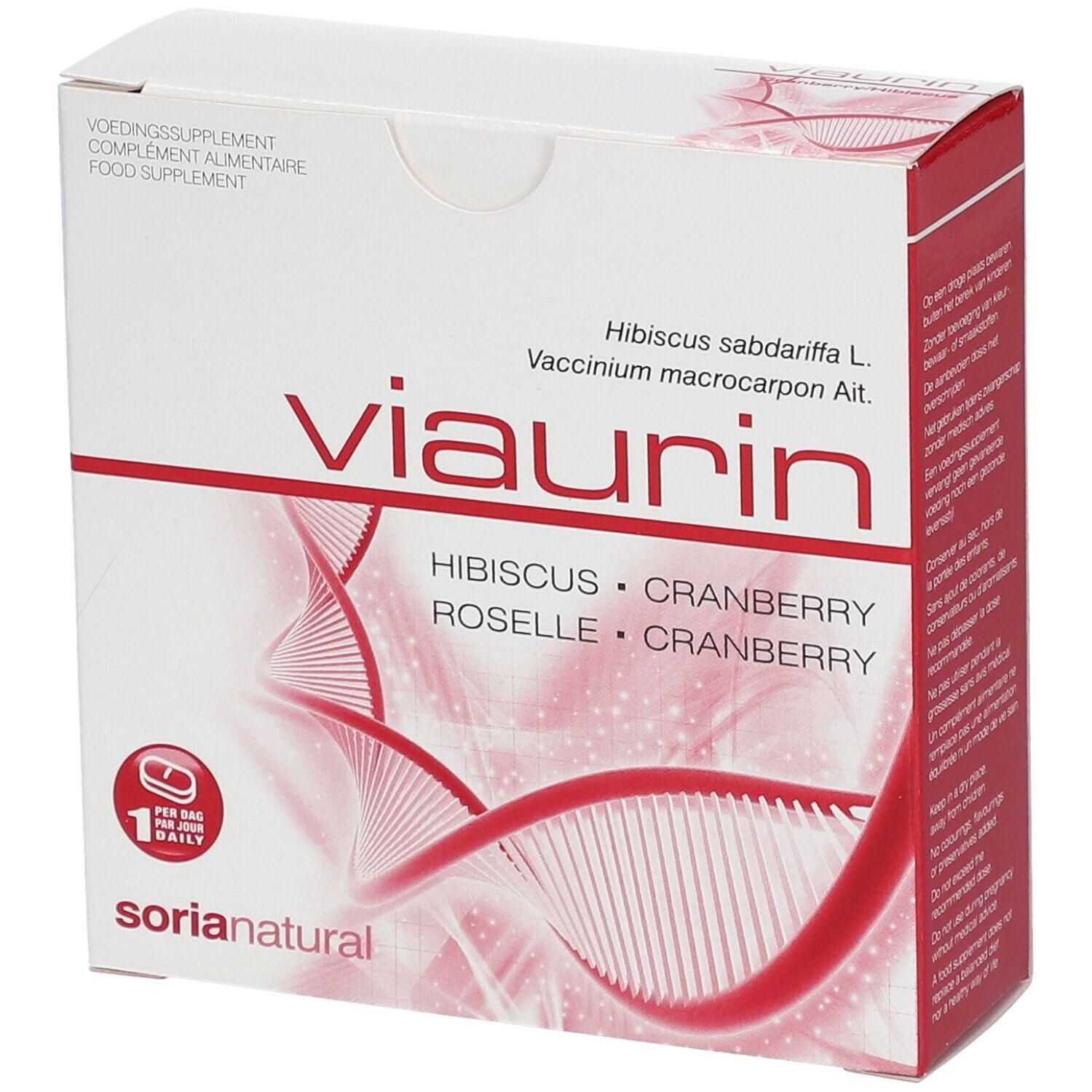 Witte verpakking met rode tekst. Opschrift "viaurin", daaronder "HIBISCUS • CRANBERRY". Merk "sorianatural". Bevat voedingssupplement.