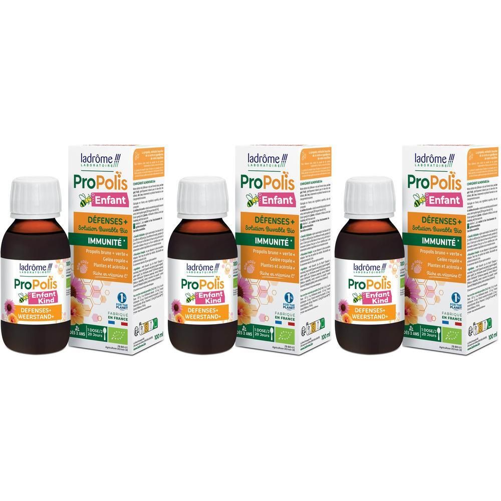 Trois flacons et boîtes Ladrôme Propolis Enfant. Inscription: Défenses + Immunité.