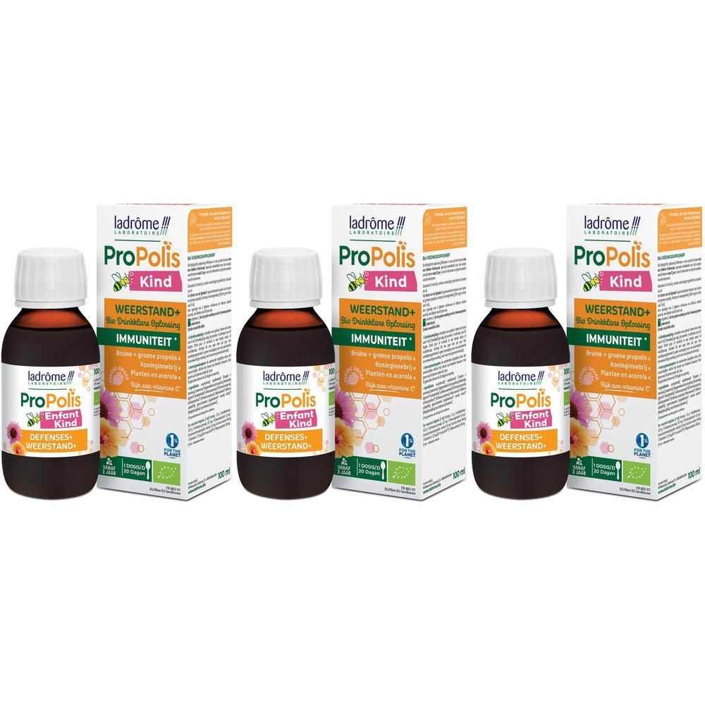 Drie flessen en dozen Ladrôme Propolis Enfant. Opschrift: Weerstand+ Immuniteit.