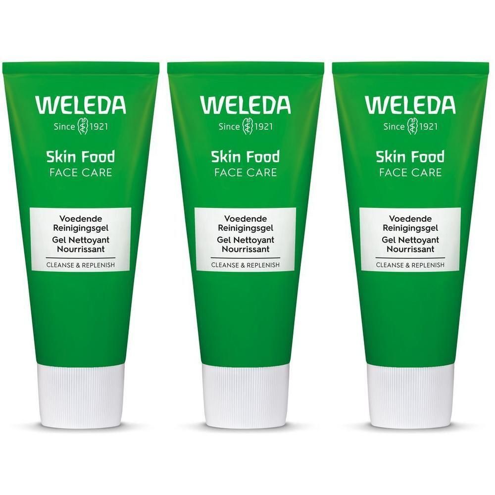 Drie groene tubes met witte dop. Opschrift: Weleda Skin Food Face Care. Tekst in het Nederlands en Frans.