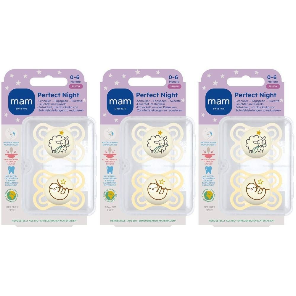 Drie verpakkingen fopspenen. Elke verpakking bevat twee fopspenen, geel en transparant. Verpakking met productnaam en aanbeveling voor leeftijd.