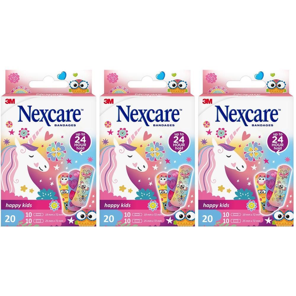 Drie dozen Nexcare Happy Kids pleisters. Elke doos toont een eenhoornontwerp en bevat 20 pleisters.