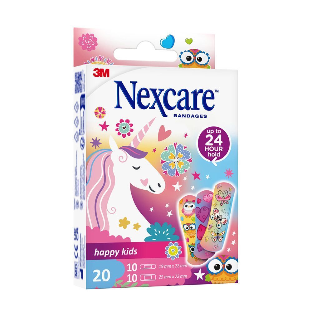 Une boîte de pansements Nexcare Happy Kids. L'emballage présente un motif licorne et contient 20 pansements.