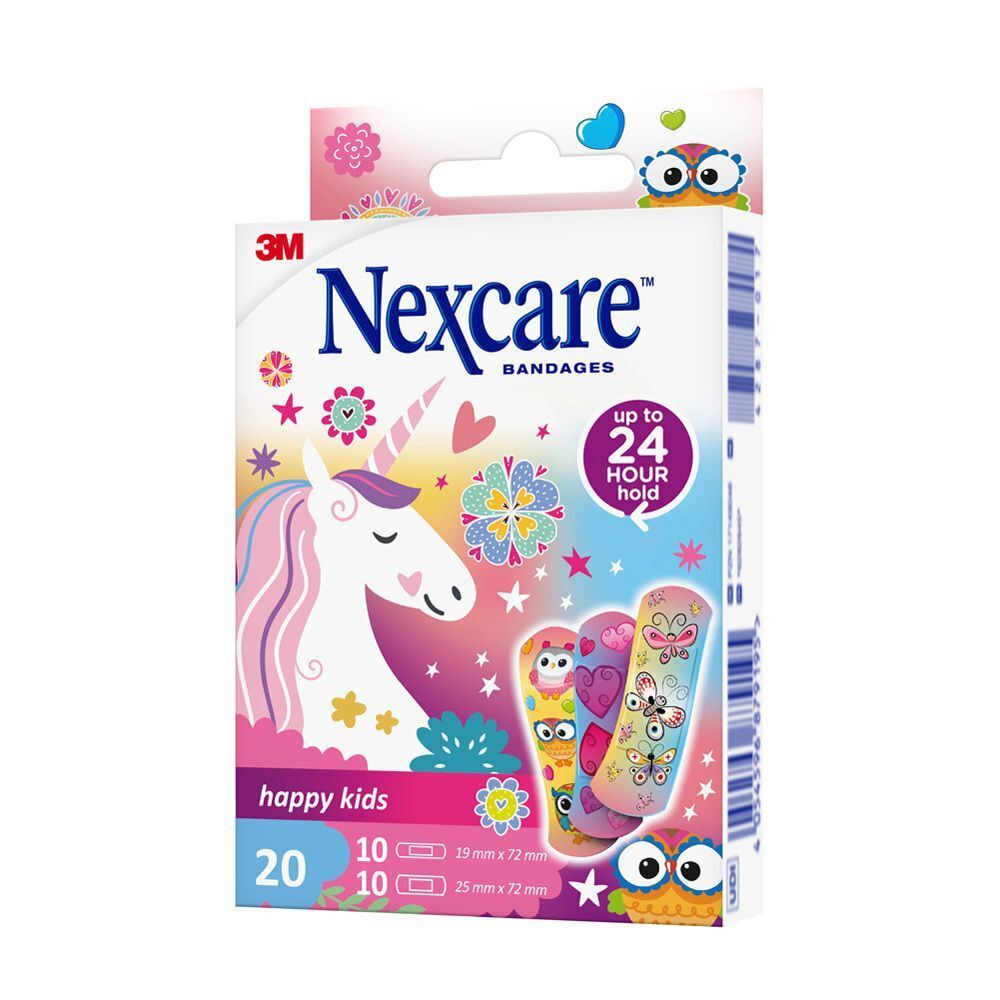 Une boîte de pansements Nexcare Happy Kids. L'emballage présente un motif licorne et contient 20 pansements.